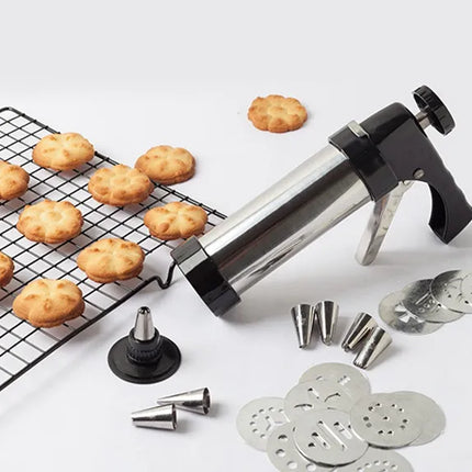 Cookie Press Maker with 12 Interchangeable Steel Discs and Icing Tips, Manual Spritz Cookie Gun for Holiday Baking