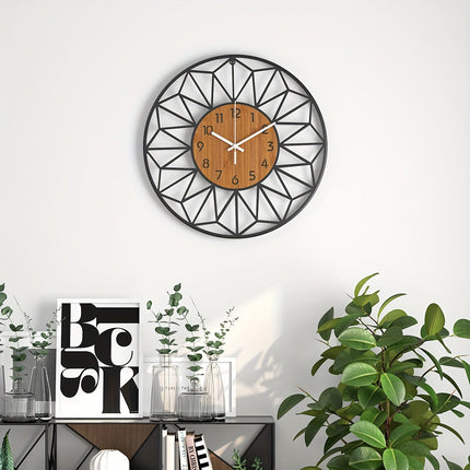 Modern Wall Clock with Silent Quartz Movement | Stylish Metal Frame & Wood Grain Center for Tranquil Interiors
