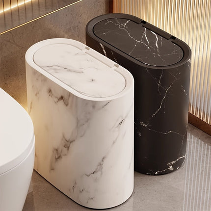 Marble Pattern Trash Can with Fitted Lid | Space-Saving Oval Bin for Bathroom and Kitchen Elegance