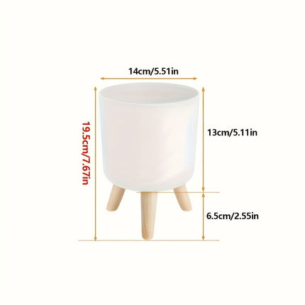 Modern Round Planter with Detachable Wooden Legs | Lightweight Plastic Pot for Indoor & Outdoor Decor