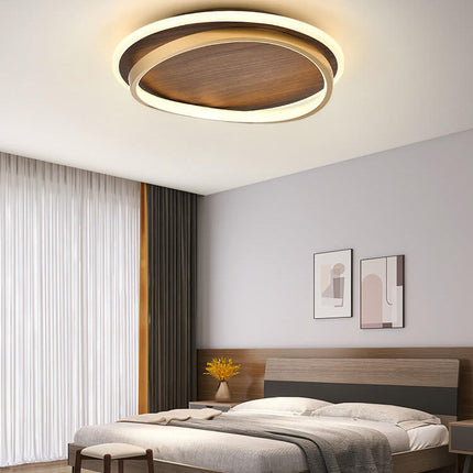 LED Ceiling Lamp with Walnut Finish & Gold Accents | Modern Round Design for Warm Illumination