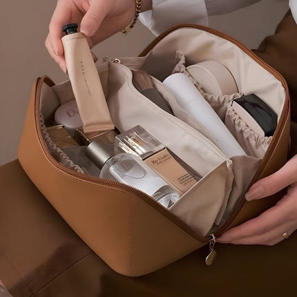 Large Capacity Makeup Bag Organizer with Wide Opening | PU Shell Travel Case for Skincare and Essentials