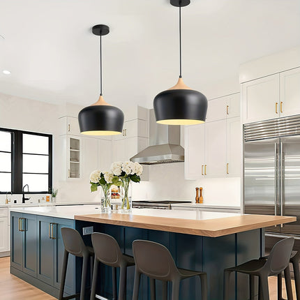 Scandinavian Pendant Light with Matte Metal Shade & Wood Grain Accent | Elegant Illumination for Kitchen and Dining Spaces