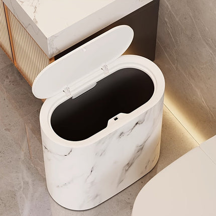 Marble Pattern Trash Can with Fitted Lid | Space-Saving Oval Bin for Bathroom and Kitchen Elegance