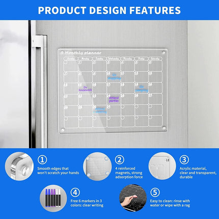 Magnetic Dry Erase Calendar for Fridge, 40x30cm 16x12 in Clear Acrylic Board with 4 Magnets and Markers