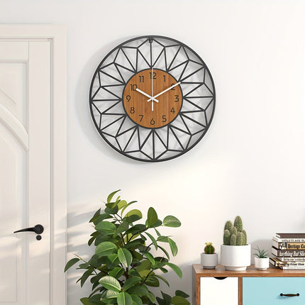 Modern Wall Clock with Silent Quartz Movement | Stylish Metal Frame & Wood Grain Center for Tranquil Interiors