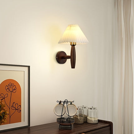 Nordic Wooden Wall Sconce with Pleated Shade | Elegant Ambient Lighting for Bedrooms and Living Spaces