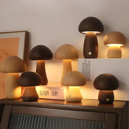 Scandinavian Portobello Mushroom Lamp with Adjustable Soft Light | Rechargeable Natural Wood Night Light for Home Serenity
