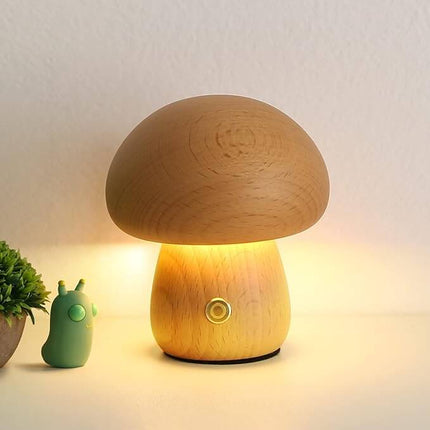 Scandinavian Portobello Mushroom Lamp with Adjustable Soft Light | Rechargeable Natural Wood Night Light for Home Serenity