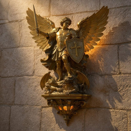 Archangel Michael Wall Sconce, LED Wall Light with Glowing Halo, Angel Sculpture for Living Room Wall Decor