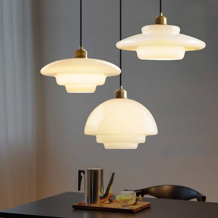 White Glass Pendant Light with Adjustable Height | Mid-Century Design for Warm Ambient Illumination