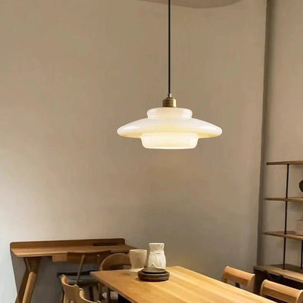 White Glass Pendant Light with Adjustable Height | Mid-Century Design for Warm Ambient Illumination