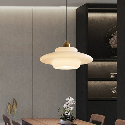 White Glass Pendant Light with Adjustable Height | Mid-Century Design for Warm Ambient Illumination