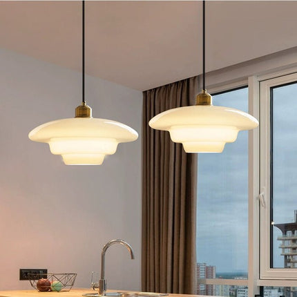 White Glass Pendant Light with Adjustable Height | Mid-Century Design for Warm Ambient Illumination