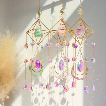 Hanging Crystal Suncatcher for Windows, Rainbow Prism Decor with Rose Quartz, Fluorite and Amethyst, 5 Colors
