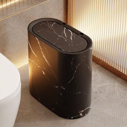 Marble Pattern Trash Can with Fitted Lid | Space-Saving Oval Bin for Bathroom and Kitchen Elegance