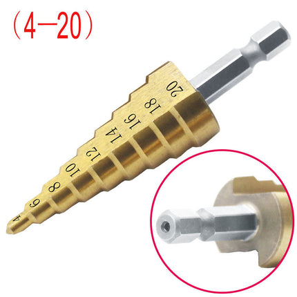 Step Drill Bit 4mm to 32mm Titanium Coated High Speed Steel with 6.35mm Hex Shank for Thin Metal, Aluminium, PVC and Wood