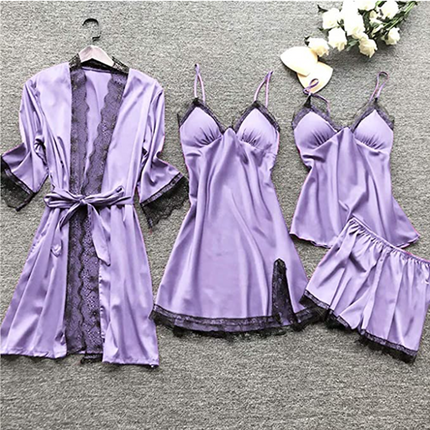 Womens Pajama Set 4 Piece with Silk Robe, Luxury Sleepwear with Lace Trim – image 4
