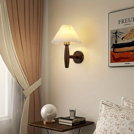 Nordic Wooden Wall Sconce with Pleated Shade | Elegant Ambient Lighting for Bedrooms and Living Spaces