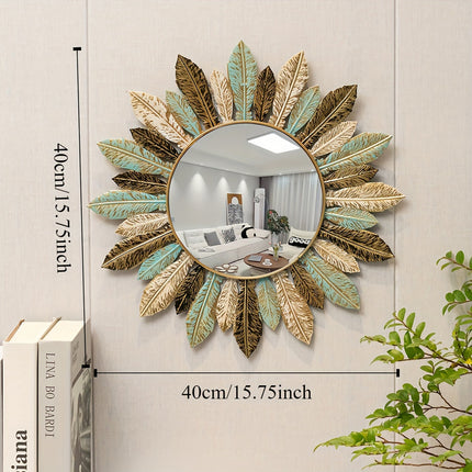 Bohemian Sunburst Metal Wall Mirror with Handcrafted Teal & Gold Leaves | Elegant Accent for Living Room or Bedroom