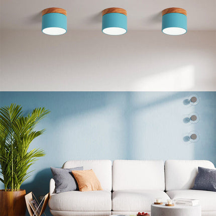 Scandinavian Ceiling Light with 3-Color LED & Wooden Accent | Minimalist Flush Mount for Ambient Illumination