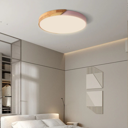 Modern LED Ceiling Light with Natural Wood Accents | Versatile Dimming Options for Warm Atmosphere