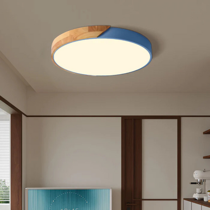 Modern LED Ceiling Light with Natural Wood Accents | Versatile Dimming Options for Warm Atmosphere