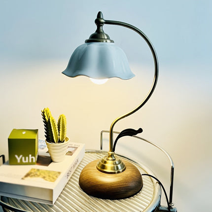 Table Lamp for Bedroom, Vintage Brass Table Lamp with Floral Glass Shade, USB Gooseneck Bedside Lamp for Reading_04