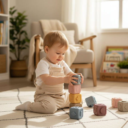 Sensory Baby Stacking Toy with Textured Teething Cubes | Educational Play for Motor Skills and Teething Comfort