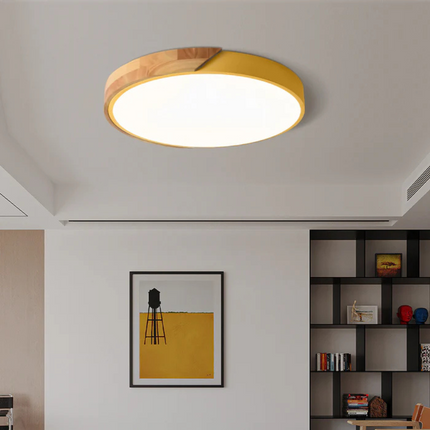 Modern LED Ceiling Light with Natural Wood Accents | Versatile Dimming Options for Warm Atmosphere