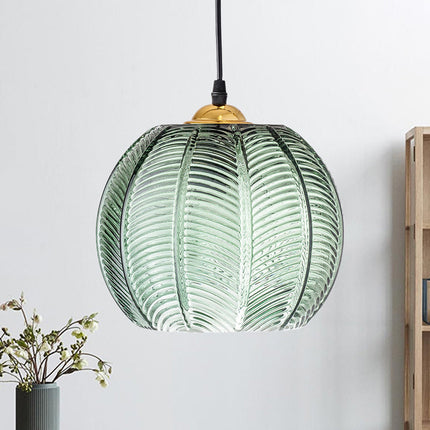 Pumpkin Ribbed Glass Pendant Lamp with Vintage Texture | Elegant Green Hanging Light for Dining Rooms and Living Spaces