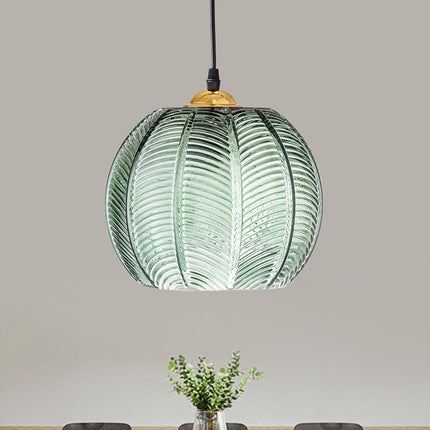 Pumpkin Ribbed Glass Pendant Lamp with Vintage Texture | Elegant Green Hanging Light for Dining Rooms and Living Spaces