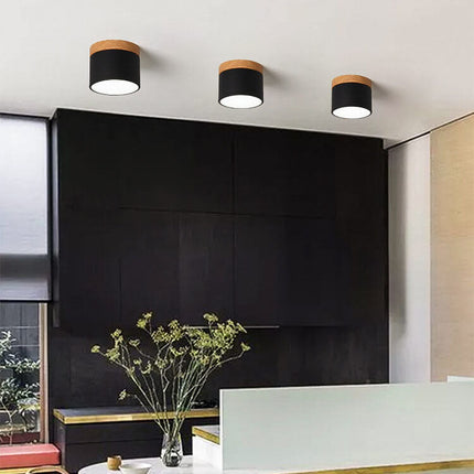 Scandinavian Ceiling Light with 3-Color LED & Wooden Accent | Minimalist Flush Mount for Ambient Illumination