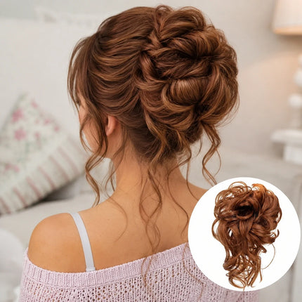 Curly Hair Bun Extension, Clip In Messy Bun Hair Piece with Loose Curls, 12 Colors, for Updos and Volume