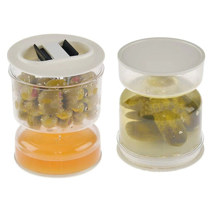 Dual Chamber Pickle and Olive Jar with Flip to Drain Strainer and Brine Catch Base for Fridge Storage
