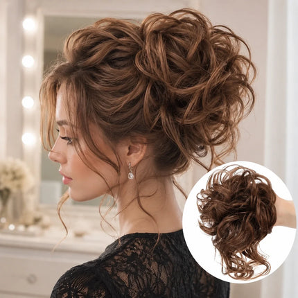 Curly Hair Bun Extension, Clip In Messy Bun Hair Piece with Loose Curls, 12 Colors, for Updos and Volume
