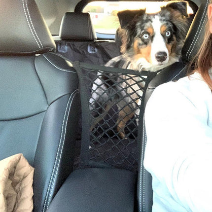 Car Seat Back Storage Net and Rear Pet Barrier with Adjustable Straps and Hooks for Cars, SUVs and Trucks