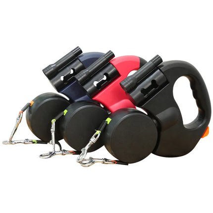 Retractable Dual Dog Leash, 3 m 10 ft Tangle Free Double Lead with 360 Degree Rotation and LED Light