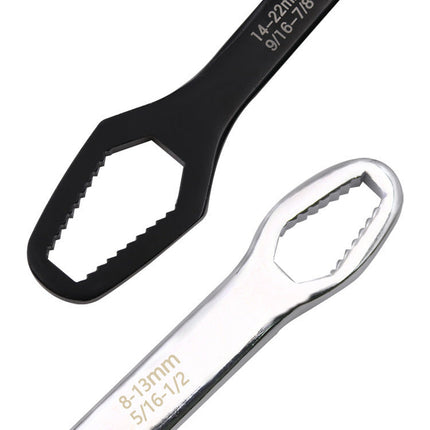 Dual Head Adjustable Wrench 8-13mm and 14-22mm, Toothed Anti Slip Jaws, Silver and Black Compact Spanner for Bike Repairs
