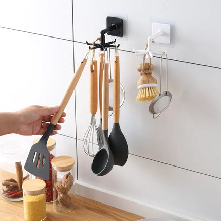 360 Degree Rotating Self-Adhesive Hooks, Black or White, Peel and Stick Wall Hook for Kitchen, Bathroom and Garage Storage
