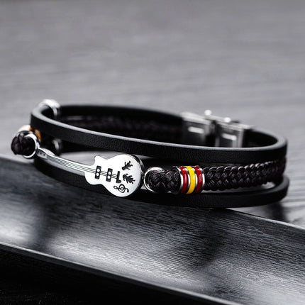 Beaded Guitar Bracelet with Stainless Steel Guitar Centrepiece and Black Beads, Adjustable Wrist Fit