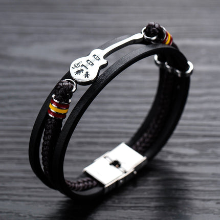 Beaded Guitar Bracelet with Stainless Steel Guitar Centrepiece and Black Beads, Adjustable Wrist Fit