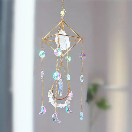 Hanging Crystal Suncatcher for Windows, Rainbow Prism Decor with Rose Quartz, Fluorite and Amethyst, 5 Colors