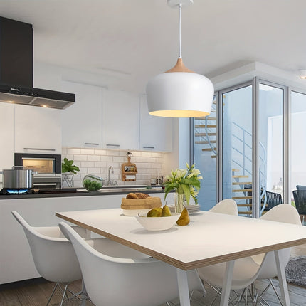 Scandinavian Pendant Light with Matte Metal Shade & Wood Grain Accent | Elegant Illumination for Kitchen and Dining Spaces