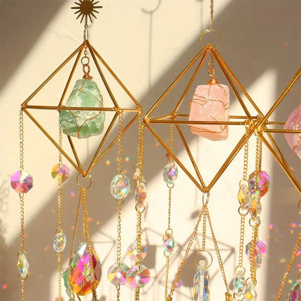Hanging Crystal Suncatcher for Windows, Rainbow Prism Decor with Rose Quartz, Fluorite and Amethyst, 5 Colors