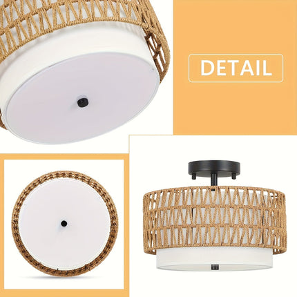 Boho Rattan Ceiling Light with Linen Shade | Semi-Flush Mount for Warm Ambient Glow