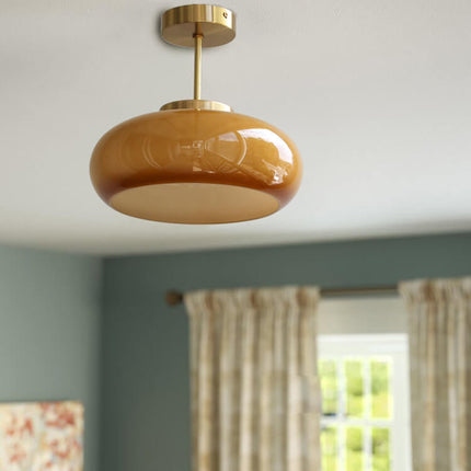 Vintage Brass Yellow Glass Ceiling Light with Soft Ambient Glow | Semi-Flush Mount for Timeless Home Elegance
