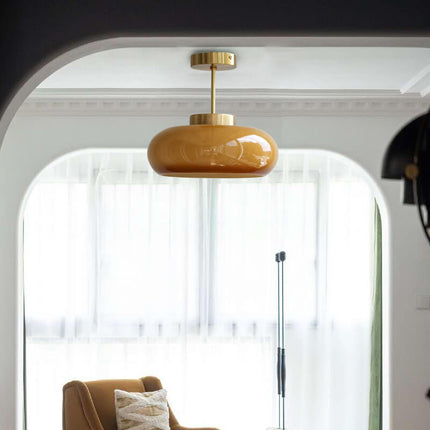 Vintage Brass Yellow Glass Ceiling Light with Soft Ambient Glow | Semi-Flush Mount for Timeless Home Elegance