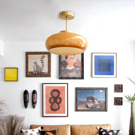 Vintage Brass Yellow Glass Ceiling Light with Soft Ambient Glow | Semi-Flush Mount for Timeless Home Elegance