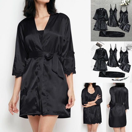Womens Pajama Set 4 Piece with Silk Robe, Luxury Sleepwear with Lace Trim, Satin Pajamas with Cami Shorts and Pants